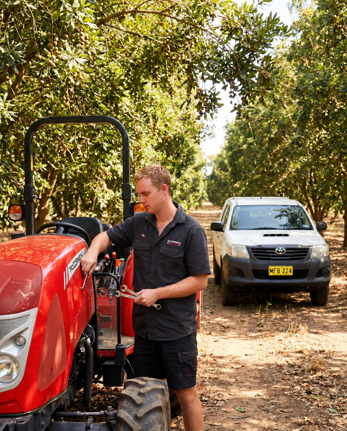 Chris servicing a tractor in the paddock with the mobile service ute